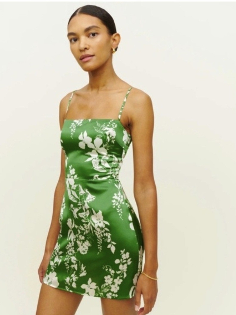 Reformation Green Floral Satin Mini Dress
